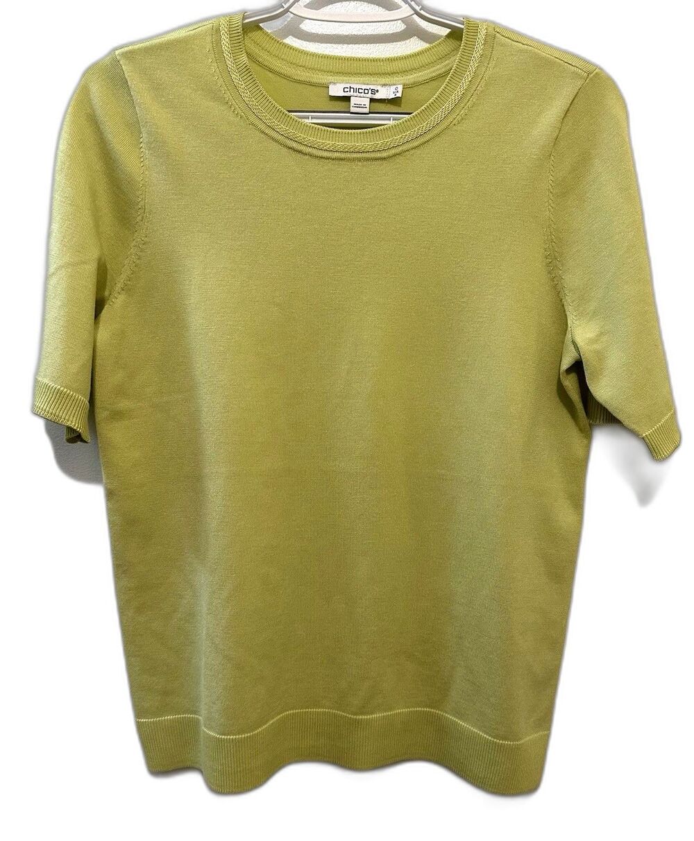 Chico’s 0 (S) Light Green Short Sleeve Knit Sweater Tee Rib Trim Soft Stretch